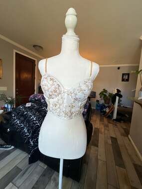 Floral Semi-Sheer Mesh Lace Crop Corset Top with Gold Chain Straps